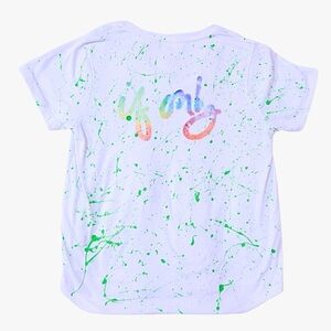 IF ONLY Green Rainbow Paint Splattered V Neck White Shirt
